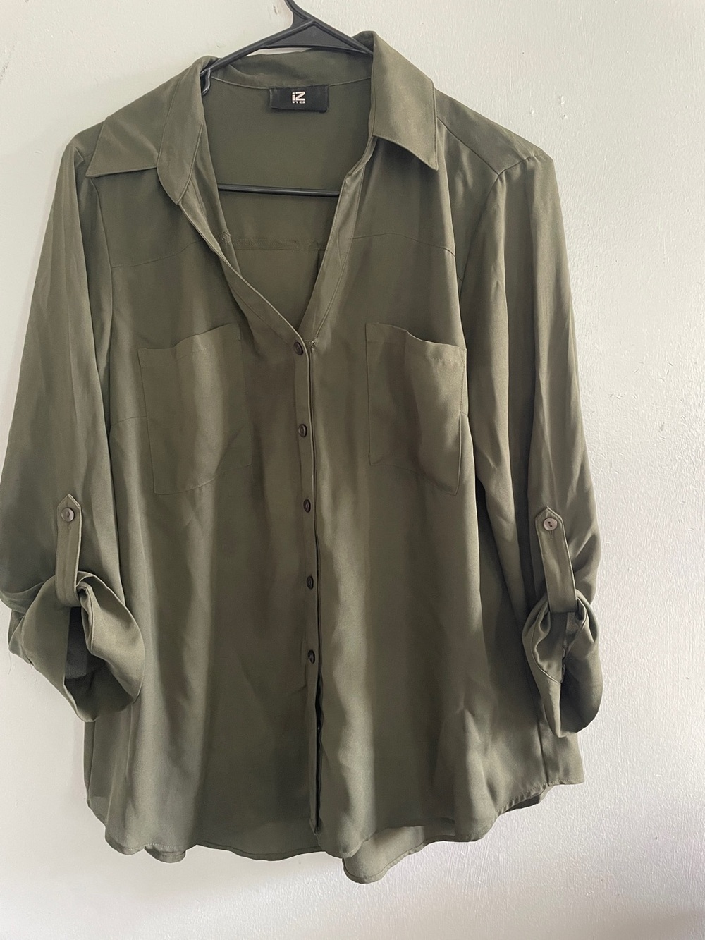 Iz Byer Olive Green Button-Front Blouse